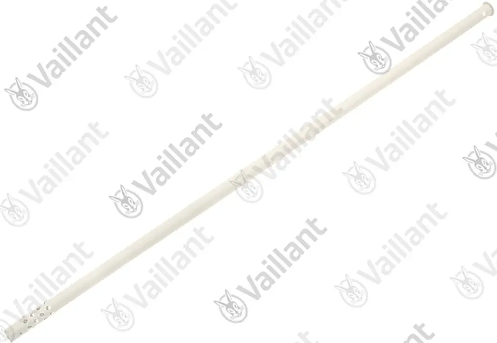 Vaillant Rohr in hellem Farbton, gerade Form mit mehreren Löchern am Ende. Eignet sich für spezifische Heizsysteme oder Rohrinstallationen.